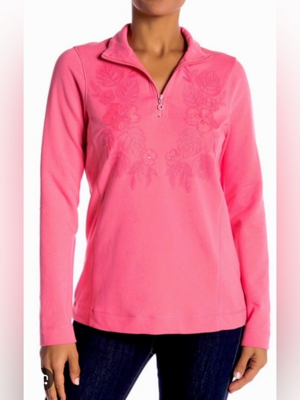 Tommy Bahama Aruba Women XS Pink Floral Embroidered 1/4 Zip Sweatshirt Top